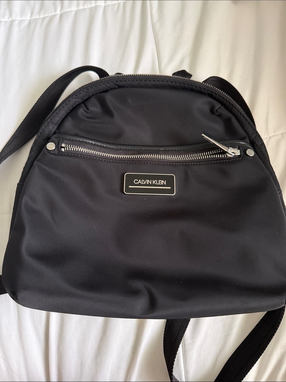 Calvin Klein Black Nylon Mini Backpack with Front Zip and Magnetic button